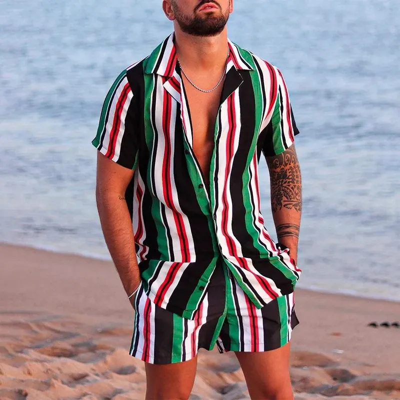 Men's Striped Printed Loose Short Sleeve Shirt Shorts Set 48727228Y sold by Manly product image thumbnail 4