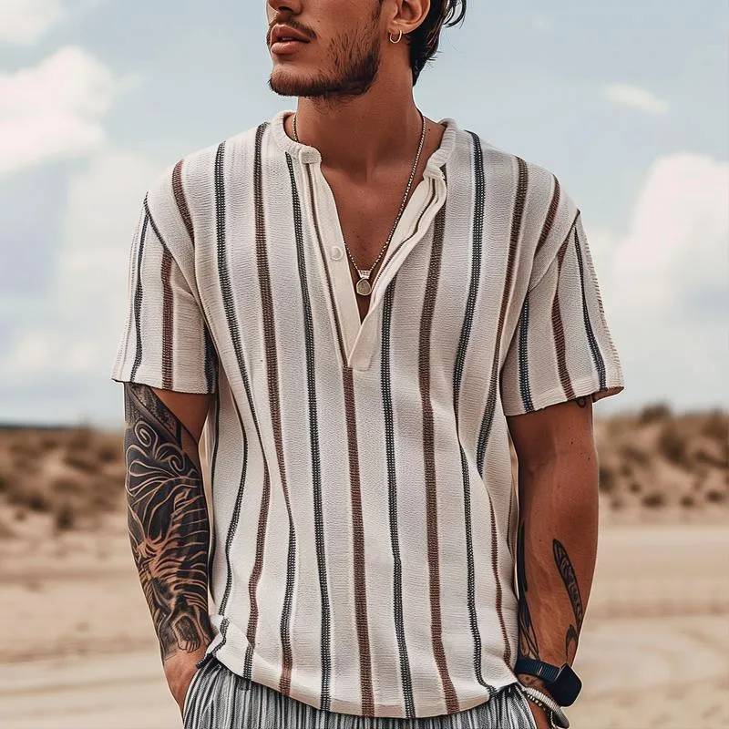 Men's Striped Henley Collar Short Sleeve Shirt 60161060Z sold by Manly product image thumbnail 2