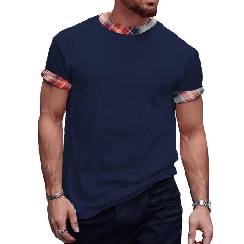 Men's Casual Plaid Color Block Crew Neck T-shirt 53849946TO sold by Manly