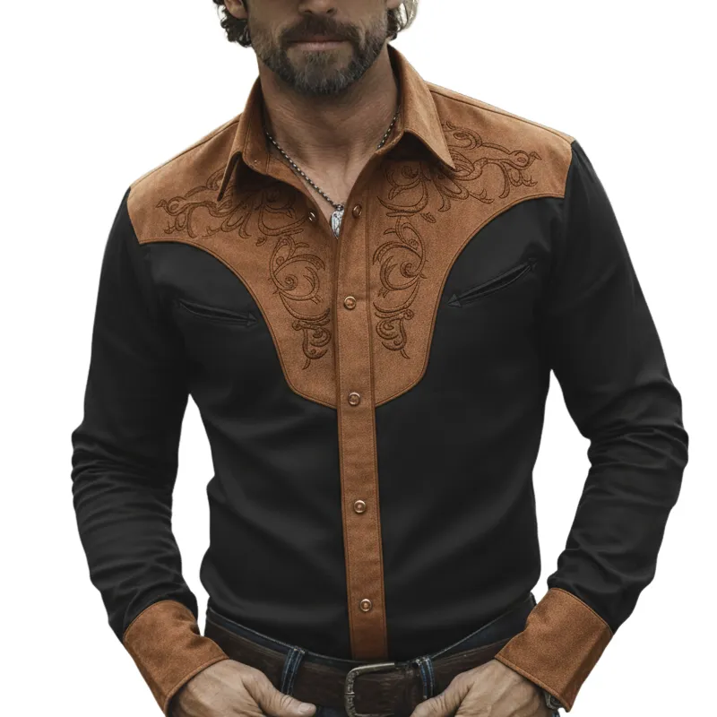 Men's Western-style Twill Cotton And Faux Suede Patchwork Embroidered Long-sleeved Shirt MTZ1318A5U sold by Manly
