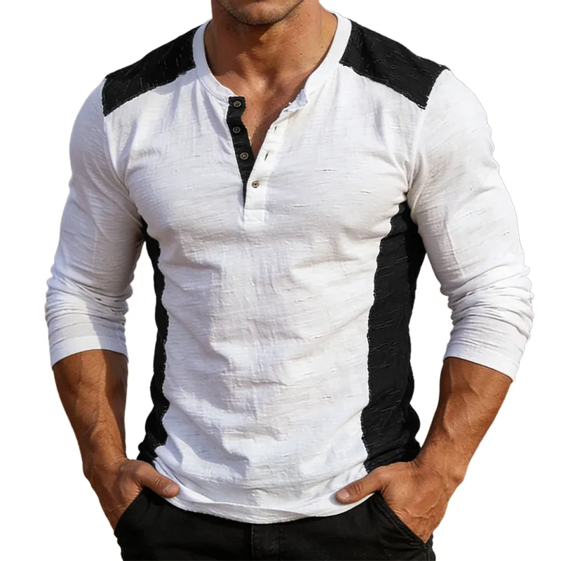 Men's Retro Casual Color Block Henley Collar Long-Sleeve T-Shirt MTZ1209A1TO sold by Manly