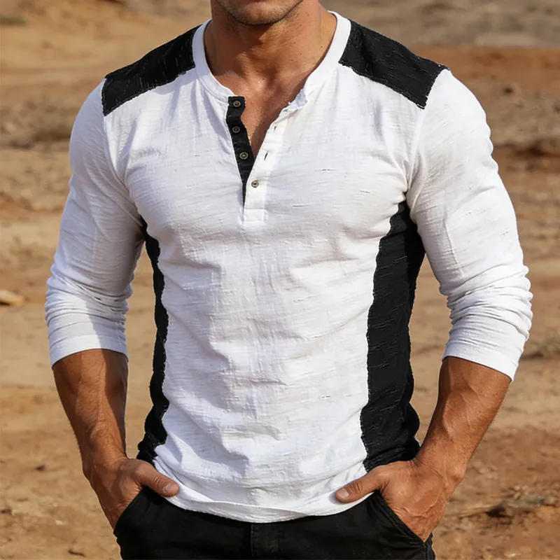 Men's Retro Casual Color Block Henley Collar Long-Sleeve T-Shirt MTZ1209A1TO sold by Manly product image thumbnail 2