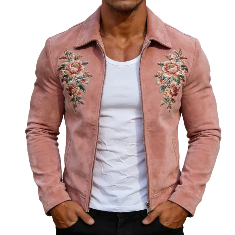 Men's Retro Casual Faux Suede Embroidered Lapel Zipper Jacket MTZ1280A1TO sold by Manly