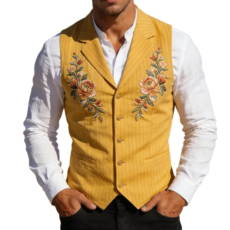 Men's Retro Casual Cotton Printed Striped Floral Embroidered Lapel Jacket MTZ1257A1TO sold by Manly
