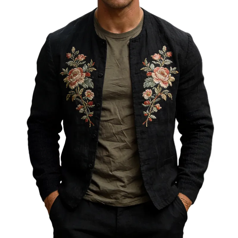 Men's Retro Casual Cotton Linen Embroidered Collarless Button Jacket MTZ1269A3TO sold by Manly