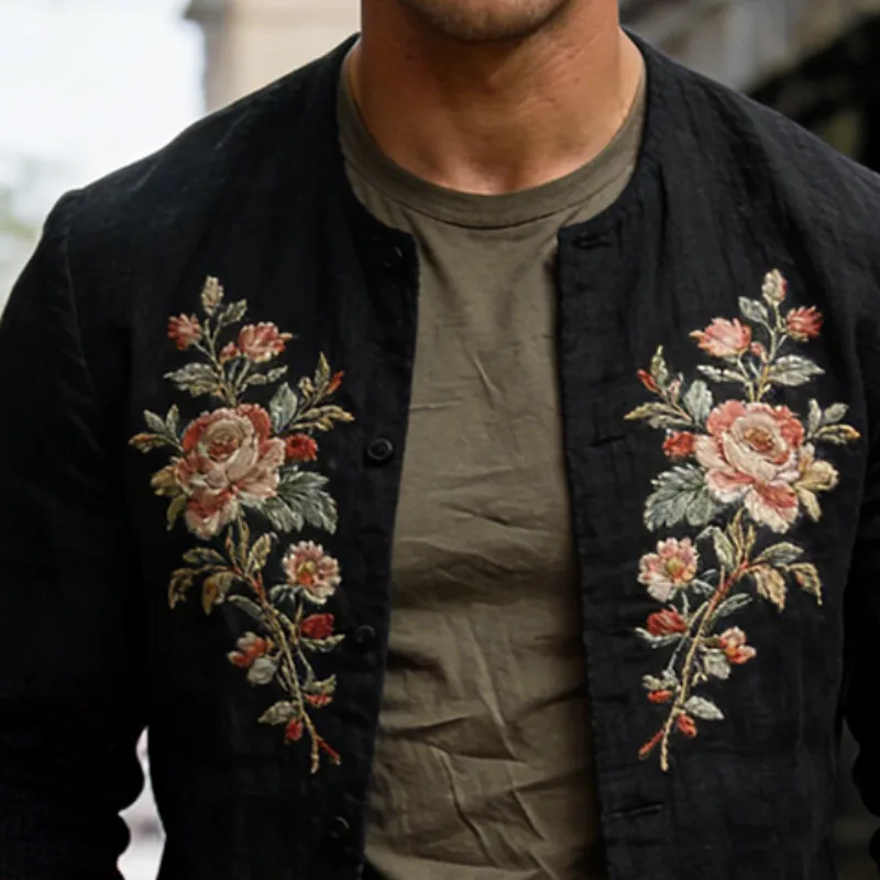 Men's Retro Casual Cotton Linen Embroidered Collarless Button Jacket MTZ1269A3TO sold by Manly product image thumbnail 3