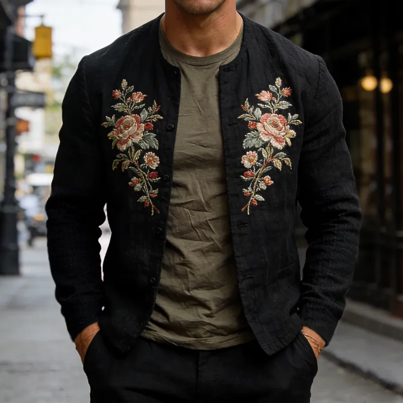 Men's Retro Casual Cotton Linen Embroidered Collarless Button Jacket MTZ1269A3TO sold by Manly product image thumbnail 2