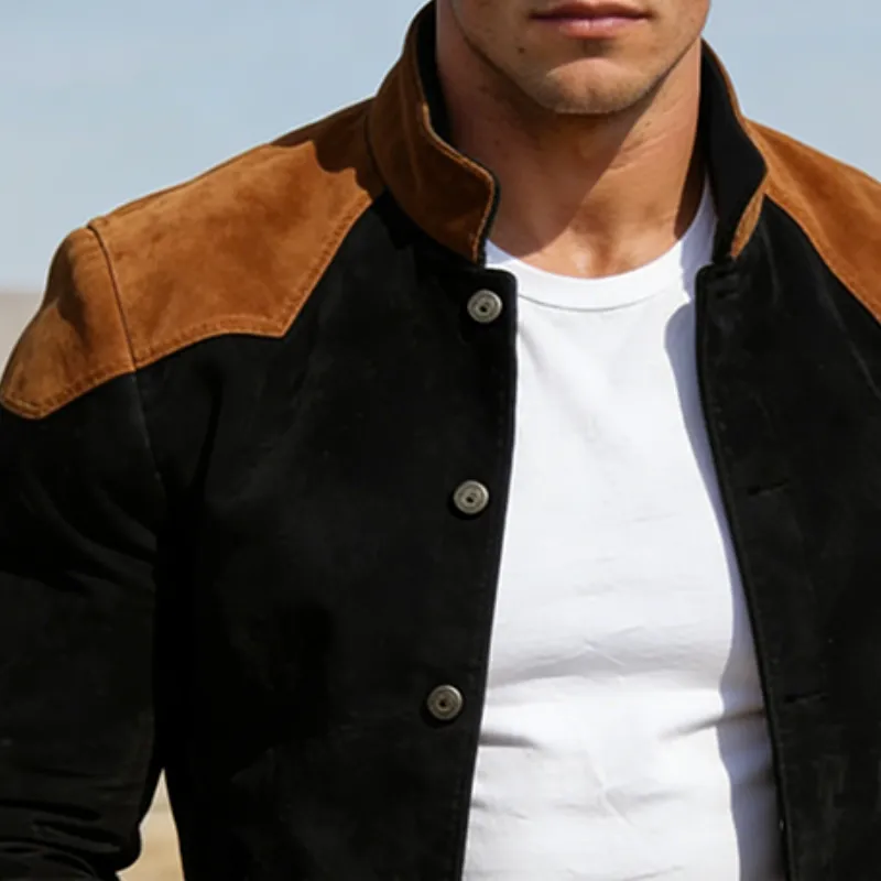 Men's Retro Casual Faux Suede Color Block Lapel Button Jacket MTZ1219A8TO sold by Manly product image thumbnail 3