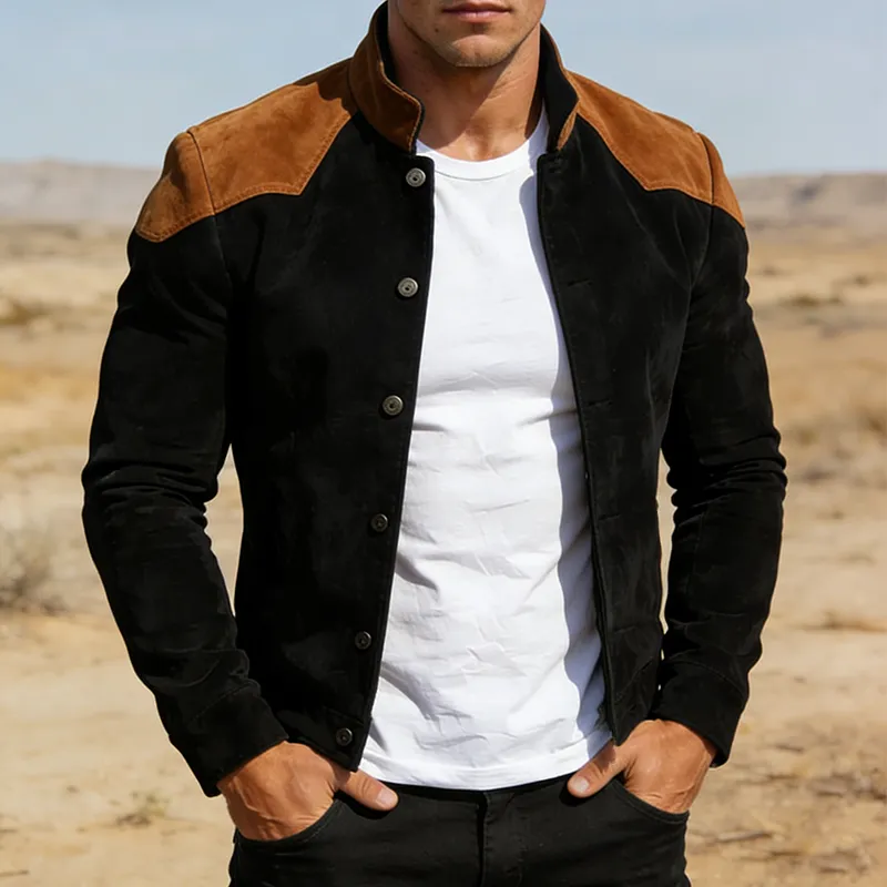 Men's Retro Casual Faux Suede Color Block Lapel Button Jacket MTZ1219A8TO sold by Manly product image thumbnail 2