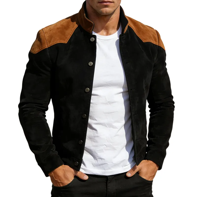 Men's Retro Casual Faux Suede Color Block Lapel Button Jacket MTZ1219A8TO sold by Manly