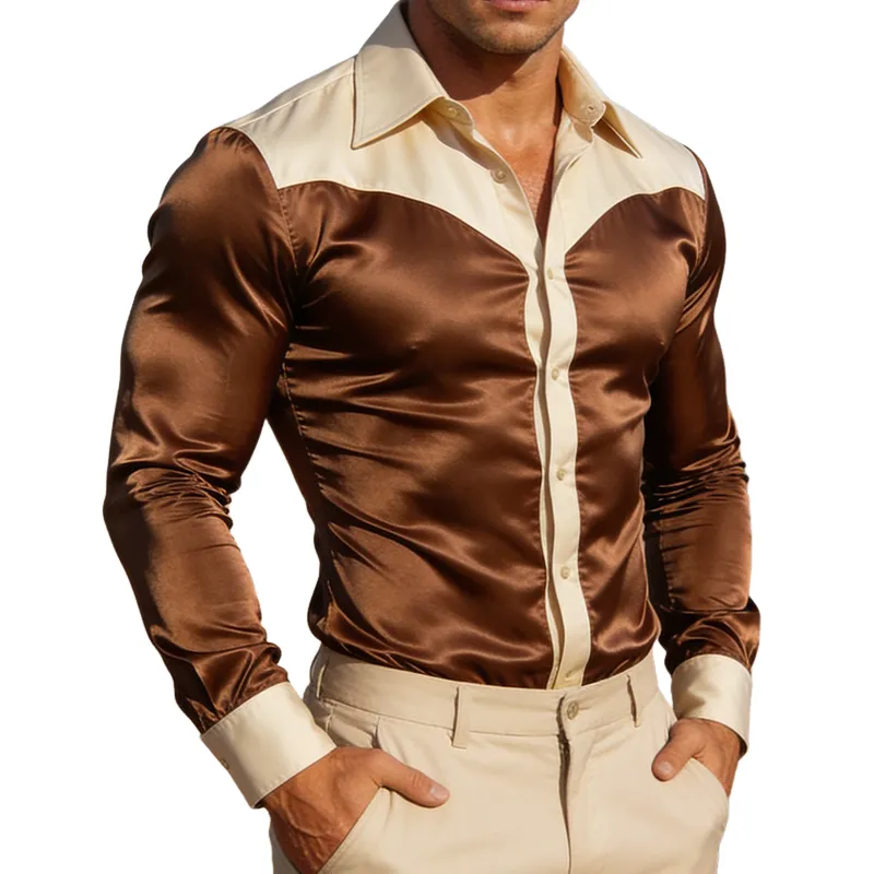Men's Retro Casual Satin Color Block Lapel Long-Sleeve Shirt MTZ1228A3TO sold by Manly