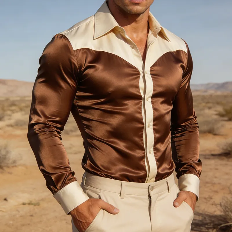 Men's Retro Casual Satin Color Block Lapel Long-Sleeve Shirt MTZ1228A3TO sold by Manly product image thumbnail 2