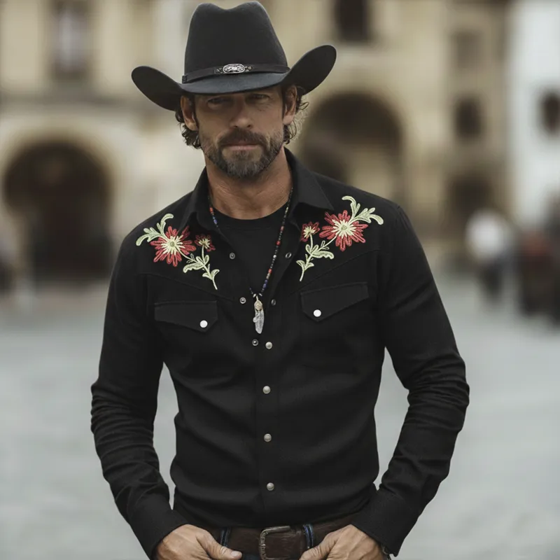 Men's Western Cowboy Style Twill 100% Cotton Floral Embroidery Long-Sleeve Shirt MTZ1297A1U sold by Manly product image thumbnail 2