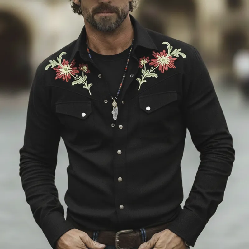 Men's Western Cowboy Style Twill 100% Cotton Floral Embroidery Long-Sleeve Shirt MTZ1297A1U sold by Manly product image thumbnail 5