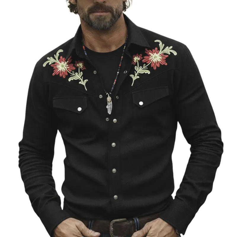 Men's Western Cowboy Style Twill 100% Cotton Floral Embroidery Long-Sleeve Shirt MTZ1297A1U sold by Manly