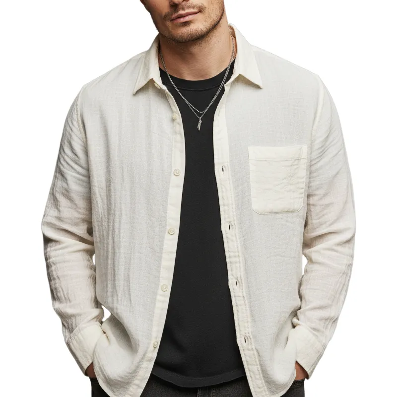 Men's Basic Solid Color Slightly Wrinkled Textured Casual Long-sleeved Shirt MTZ1677A2U sold by Manly