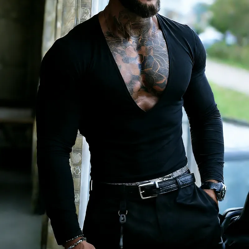 Men's Retro Casual Solid Color V-Neck Long Sleeve T-Shirt MTZ1455A0TO sold by Manly product image thumbnail 2