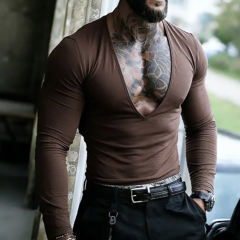 Men's Retro Casual Solid Color V-Neck Long Sleeve T-Shirt MTZ1455A0TO sold by Manly product image thumbnail 4