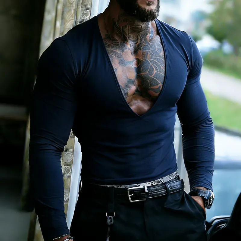 Men's Retro Casual Solid Color V-Neck Long Sleeve T-Shirt MTZ1455A0TO sold by Manly product image thumbnail 3