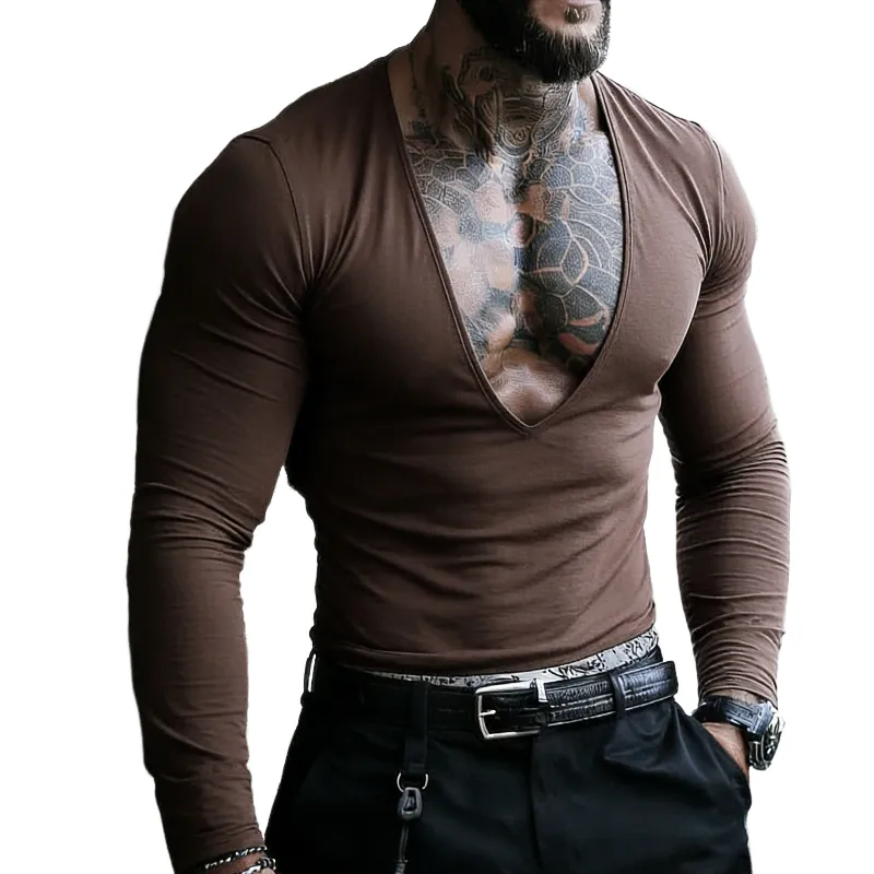 Men's Retro Casual Solid Color V-Neck Long Sleeve T-Shirt MTZ1455A0TO sold by Manly