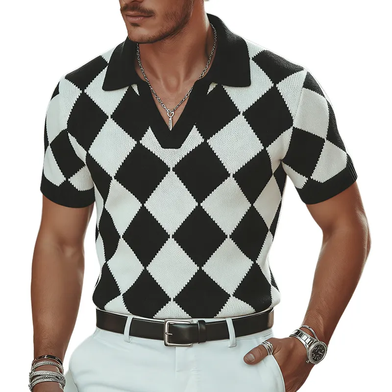 Men's Retro Casual Diamond Pattern Knit Short-Sleeve Polo Shirt MTZ1453A8TO made by Manly
