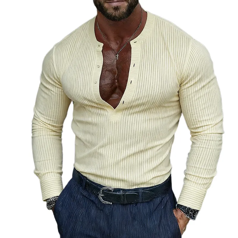 Men's Retro Casual Striped Henley Collar Long-Sleeve T-Shirt MTZ1462A6TO sold by Manly