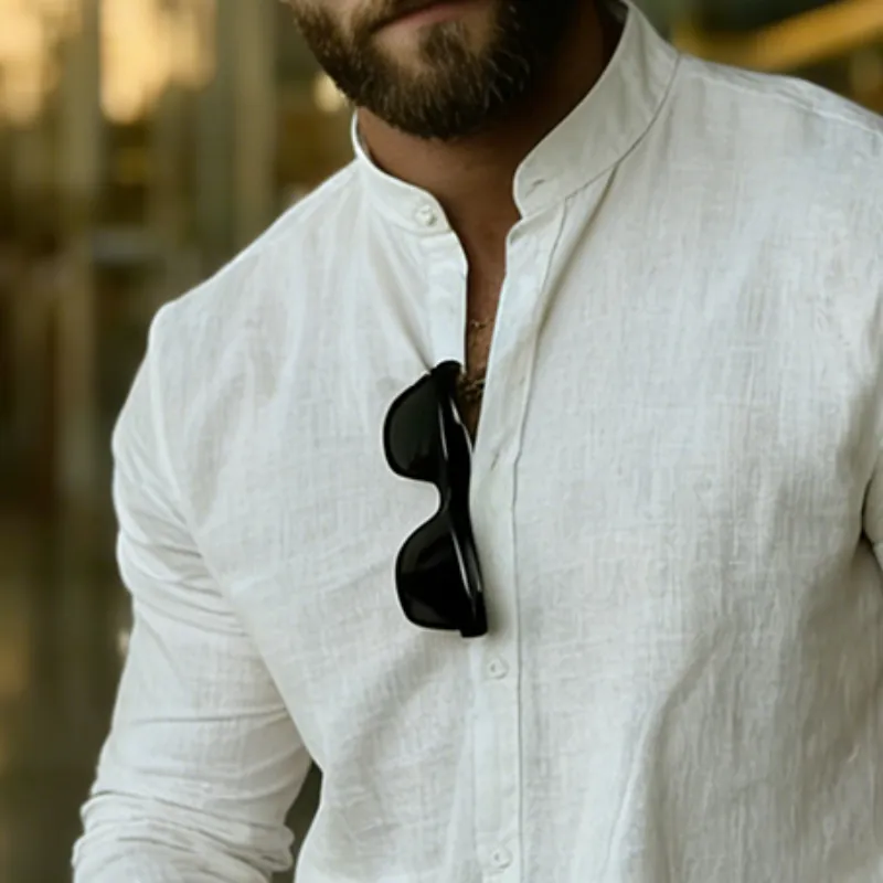 Men's Retro Casual Linen Stand Collar Long Sleeve Shirt MTZ1439A2TO sold by Manly product image thumbnail 3