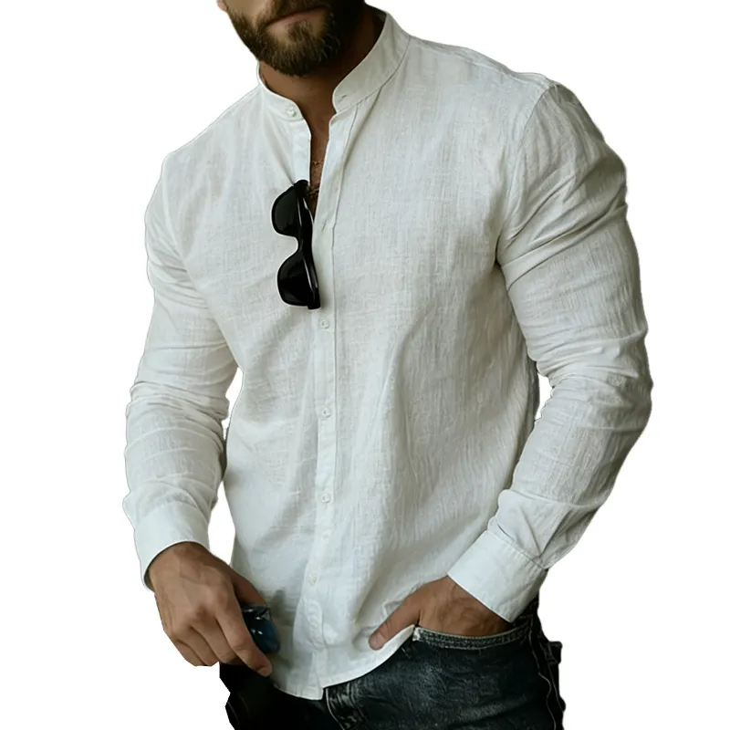 Men's Retro Casual Linen Stand Collar Long Sleeve Shirt MTZ1439A2TO sold by Manly