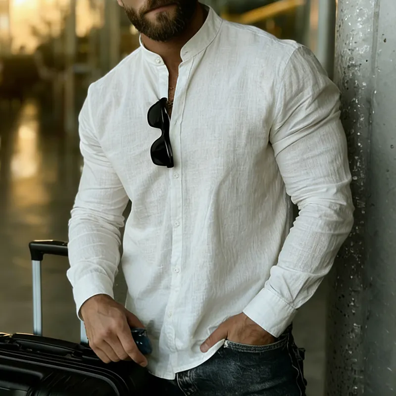 Men's Retro Casual Linen Stand Collar Long Sleeve Shirt MTZ1439A2TO sold by Manly product image thumbnail 2