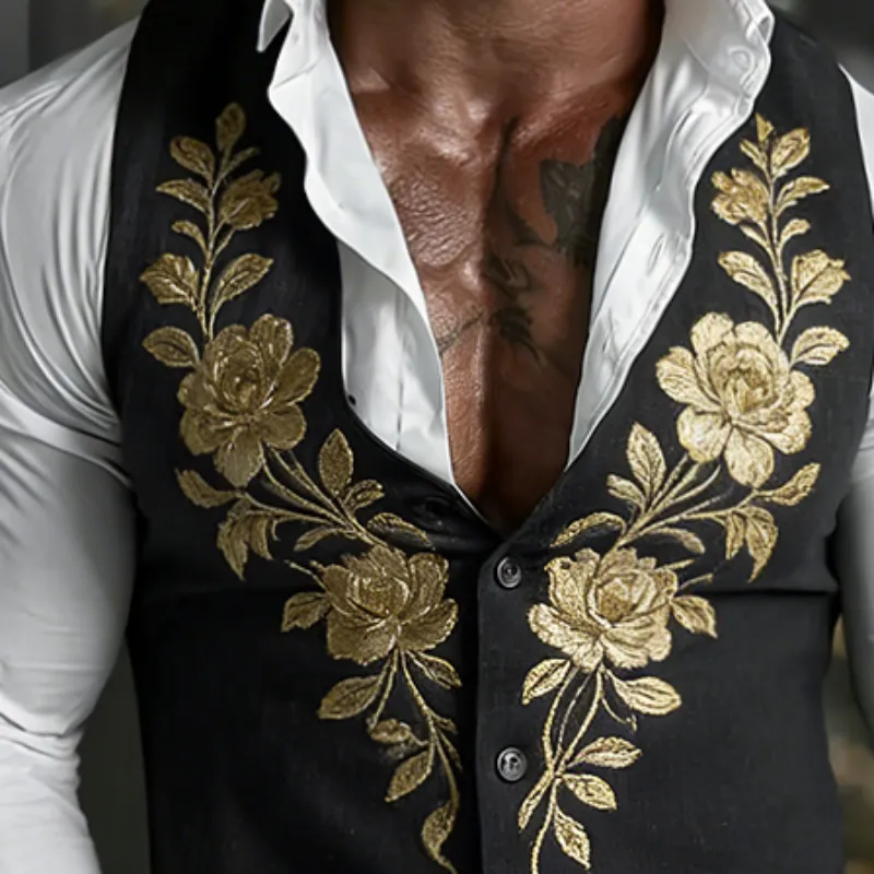 Men's Retro Casual Cotton Floral Embroidered Collarless Button Vest MTZ1476A1TO sold by Manly product image thumbnail 3