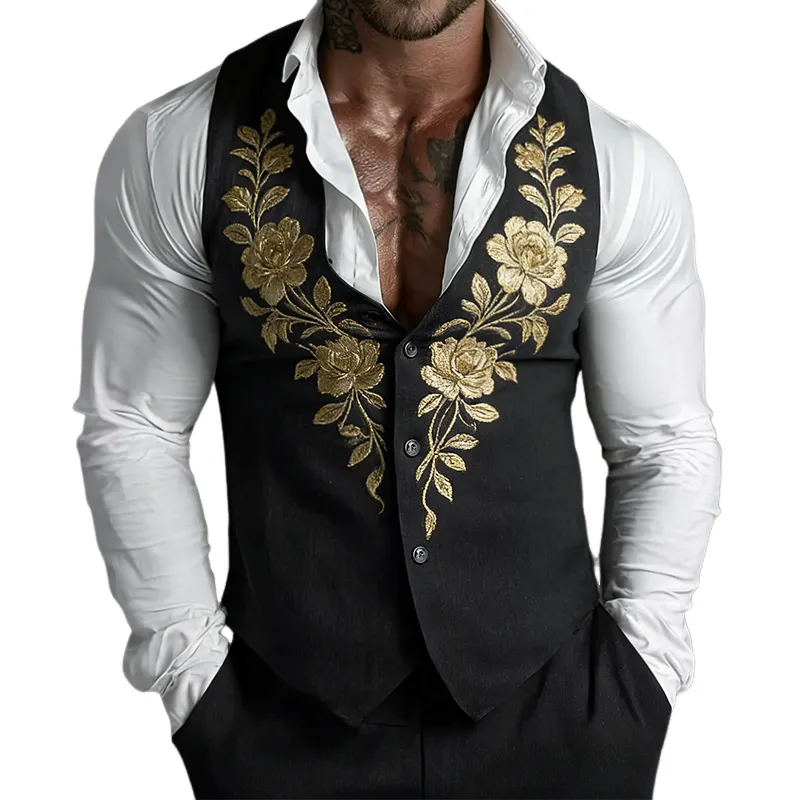 Men's Retro Casual Cotton Floral Embroidered Collarless Button Vest MTZ1476A1TO sold by Manly