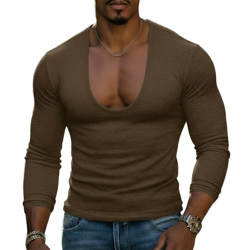 Men's Stylish Deep V-neck Polyester Blend Slim-fit Long-sleeved T-shirt MTZ1646A7P sold by Manly