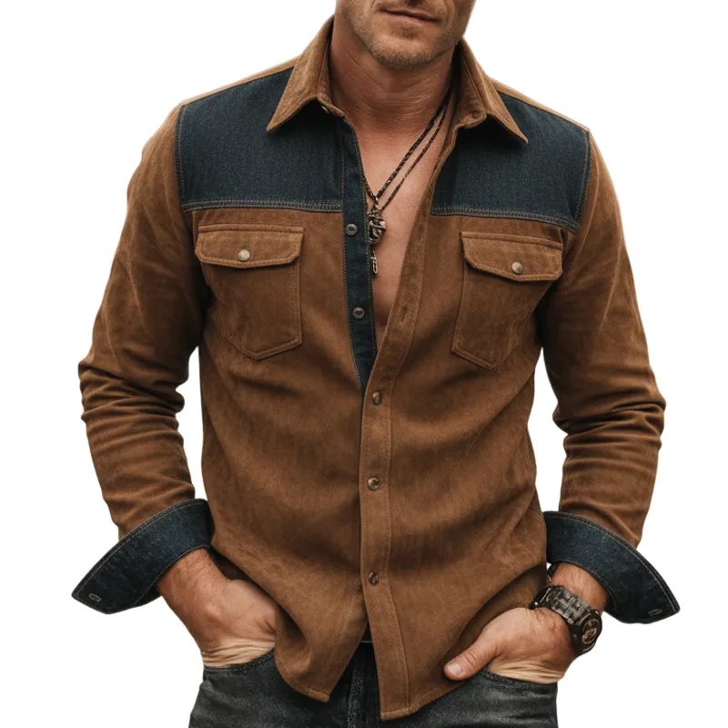 Men's Vintage Faux Suede And Dark Blue Denim Patchwork Long-sleeved Shirt MTZ1580A0U sold by Manly