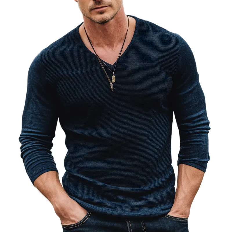 Men's Basic Solid Color V-neck Slim-fit Knitted Long-sleeved T-shirt MTZ1578A1U made by Manly