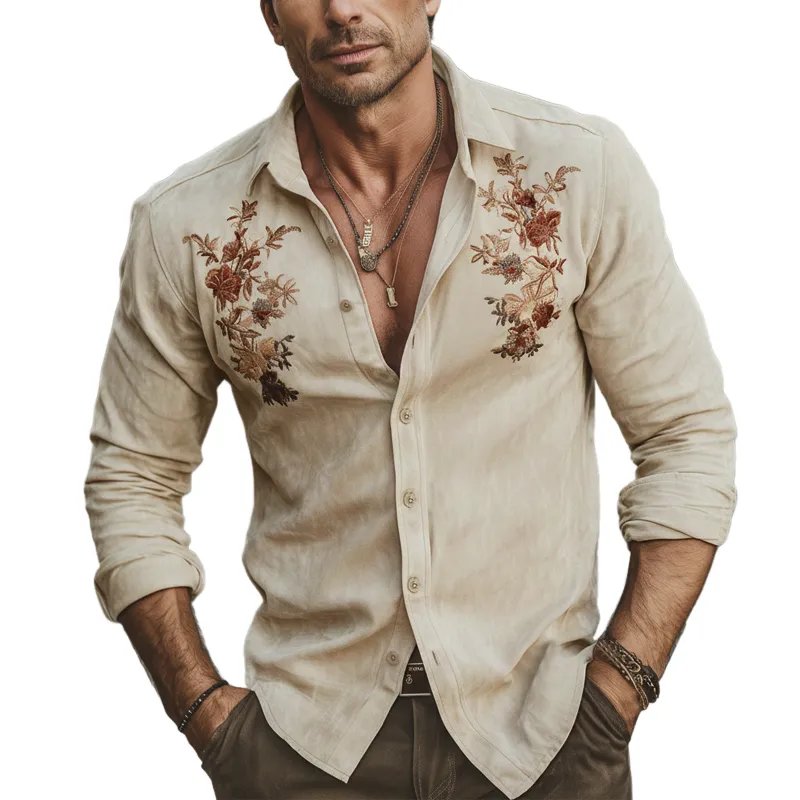 Men's Retro Beige Floral Embroidered Faux Suede Long-Sleeved Shirt MTZ2120A2U made by Manly
