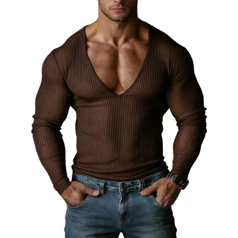 Men's Retro Casual Striped V-Neck Long-Sleeve T-Shirt MTZ1989A1TO sold by Manly