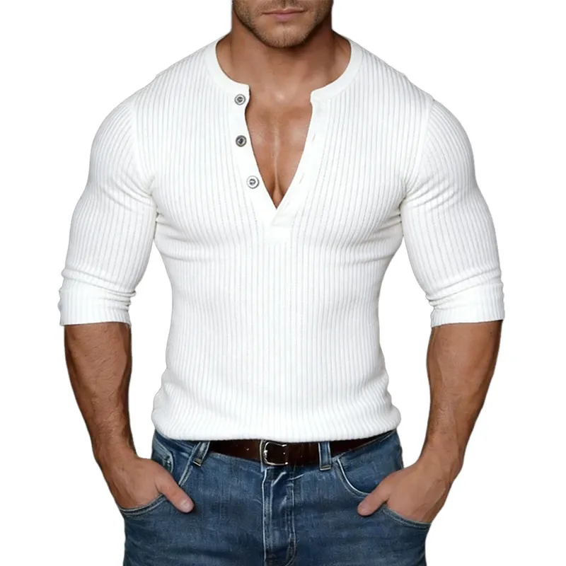 Men's Retro Casual Striped Henley Collar Long-Sleeve T-Shirt MTZ1911A2TO sold by Manly