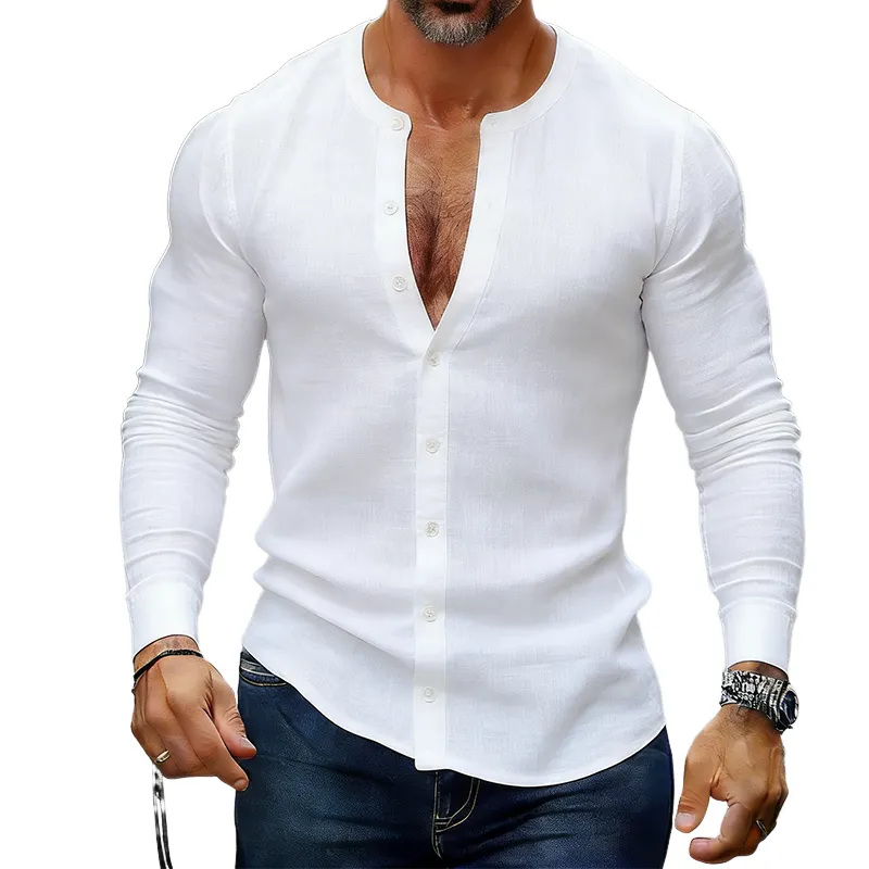 Men's Retro Casual Cotton Linen Crew Neck Long-Sleeve Shirt MTZ2064A6TO sold by Manly