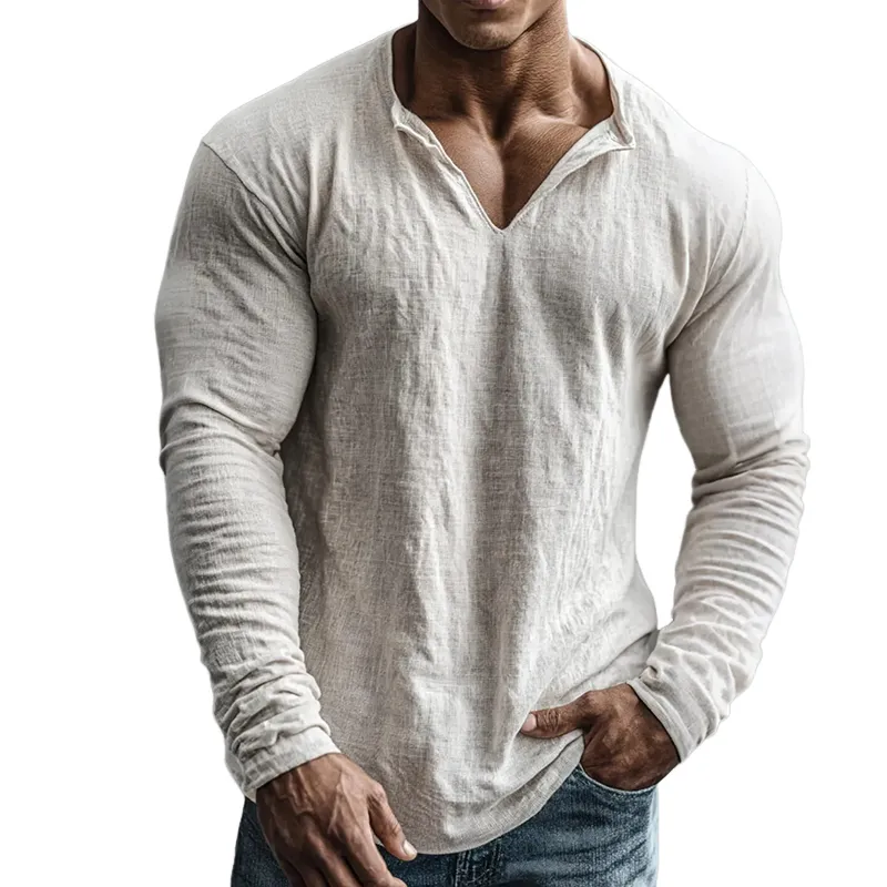 Men's Retro Casual Cotton Linen V-Neck Long-Sleeve Shirt MTZ1901A5TO sold by Manly