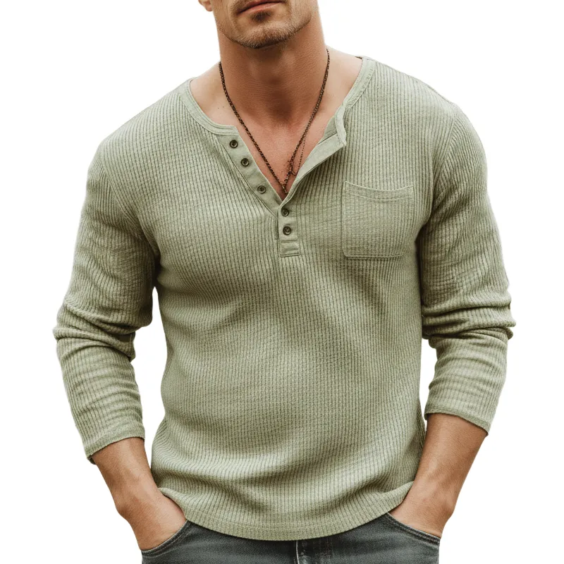 Men's Urban Light Green Ribbed Knit Casual Henley Shirt MTZ2045A5U made by Manly