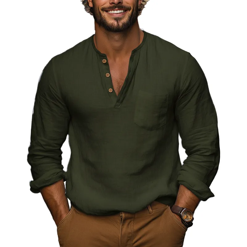 Men's Spring Fashion Pure Cotton Long-sleeved Henley Shirt MTZ2055A7P sold by Manly