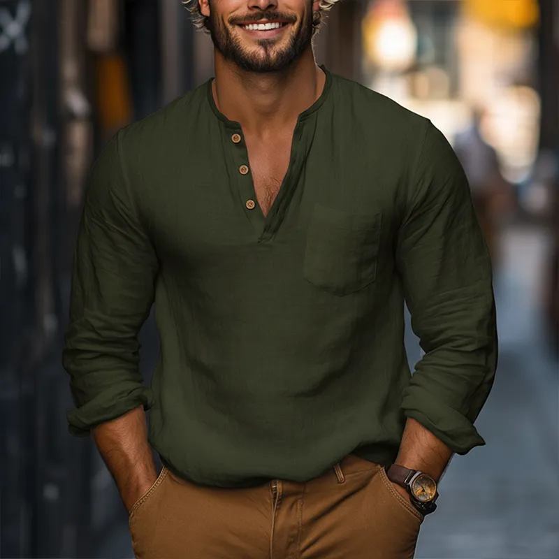 Men's Spring Fashion Pure Cotton Long-sleeved Henley Shirt MTZ2055A7P sold by Manly product image thumbnail 2