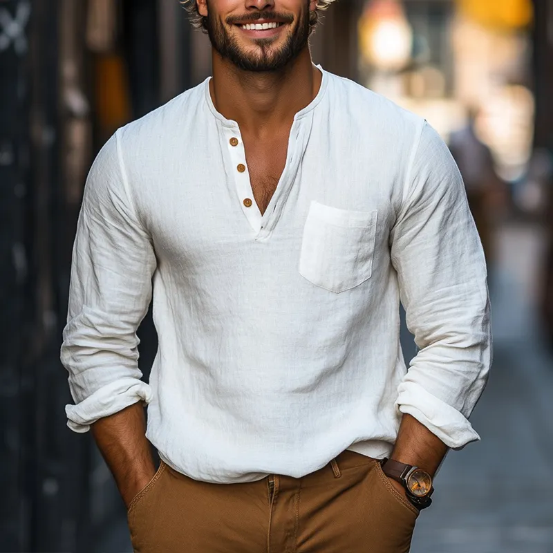 Men's Spring Fashion Pure Cotton Long-sleeved Henley Shirt MTZ2055A7P sold by Manly product image thumbnail 3