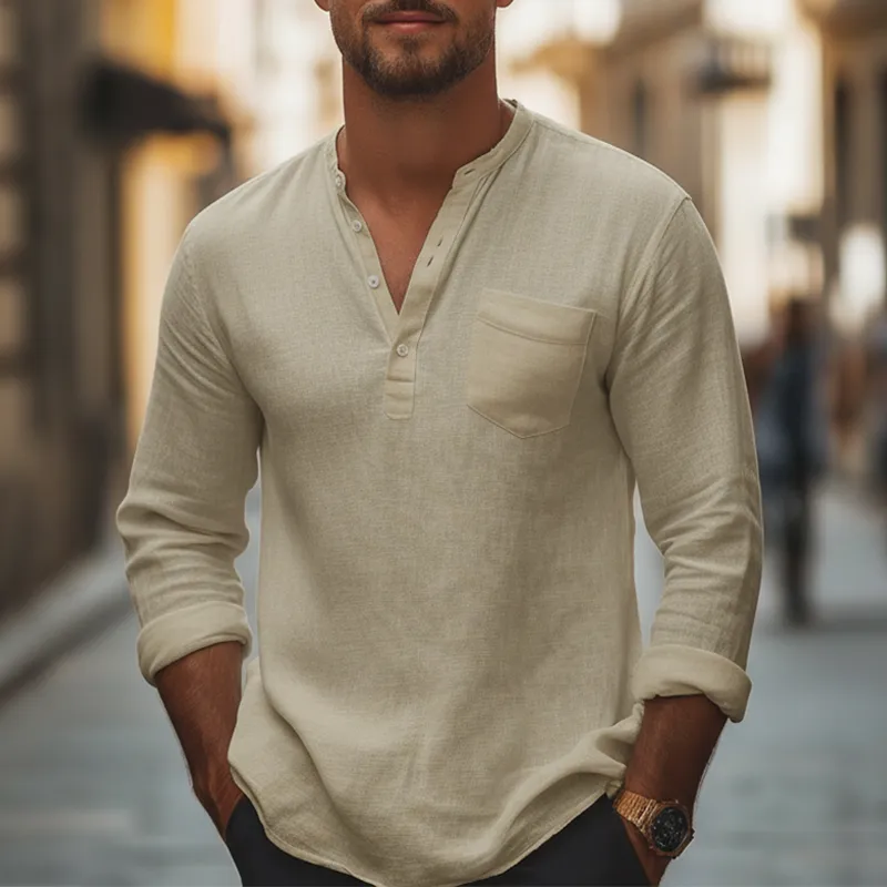 Men's Spring Fashion Pure Cotton Long-sleeved Henley Shirt MTZ2071A2P sold by Manly product image thumbnail 3