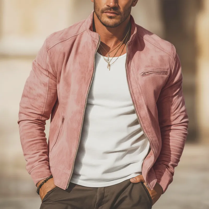Men's Modern Fashion Faux Suede Stand Collar Zip-Up Jacket MTZ2369A3U sold by Manly