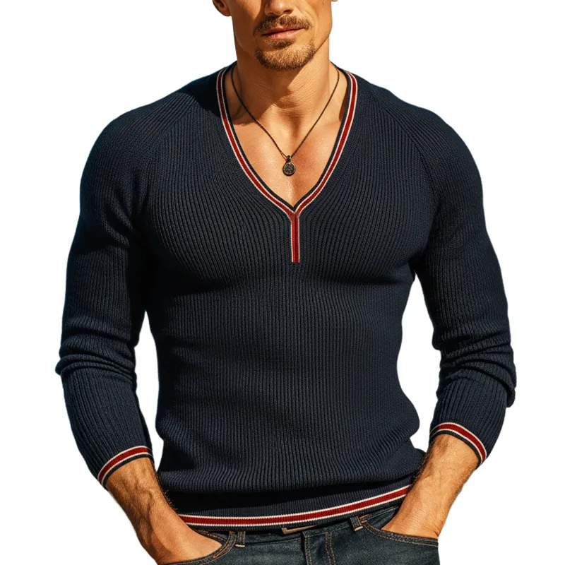Men's Classic Navy Blue Stretch Slim-fit V-neck Knitted Sweater MTZ2391A2U sold by Manly