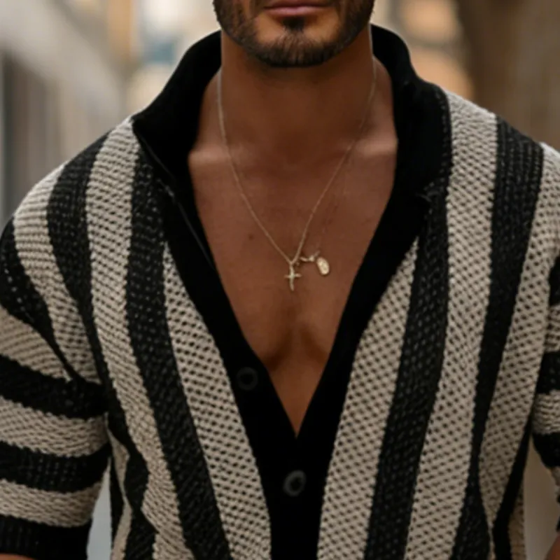 Men's Retro Casual Knit Striped Lapel Short-Sleeve Shirt MTZ2208A3TO sold by Manly product image thumbnail 3