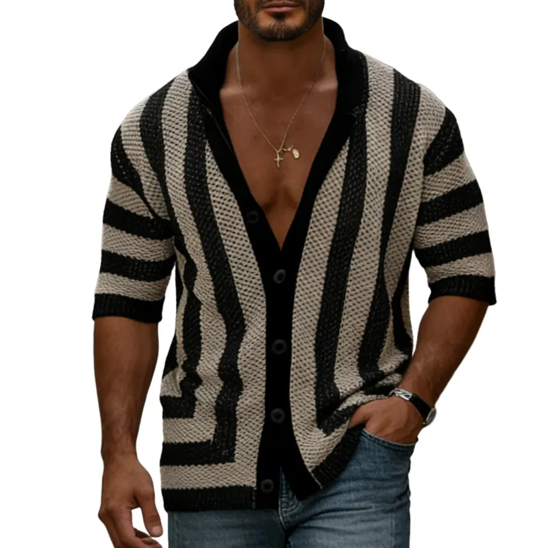 Men's Retro Casual Knit Striped Lapel Short-Sleeve Shirt MTZ2208A3TO sold by Manly