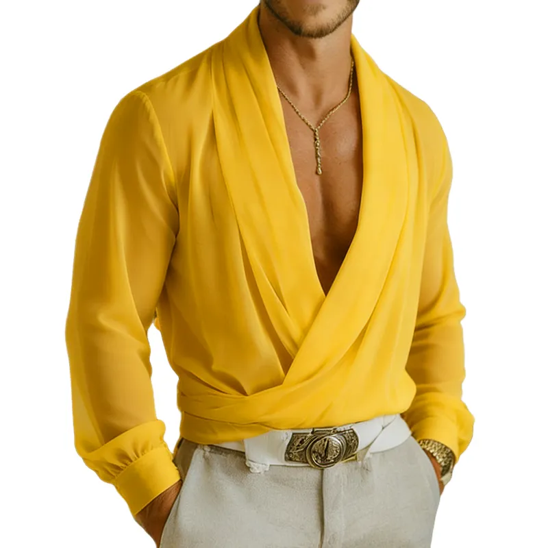 Men's Retro Casual Solid Color Chiffon V-Neck Pullover Long-Sleeve Shirt MTZ2243A0TO made by Manly