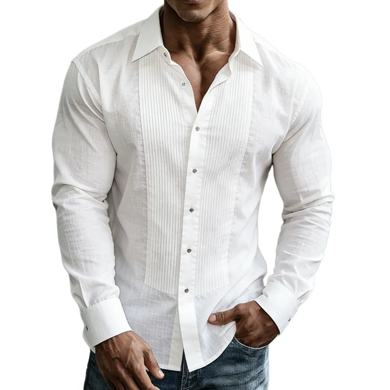 Men's Retro Casual Pleated Cotton Linen Lapel Long-Sleeve Shirt MTZ2222A9TO sold by Manly